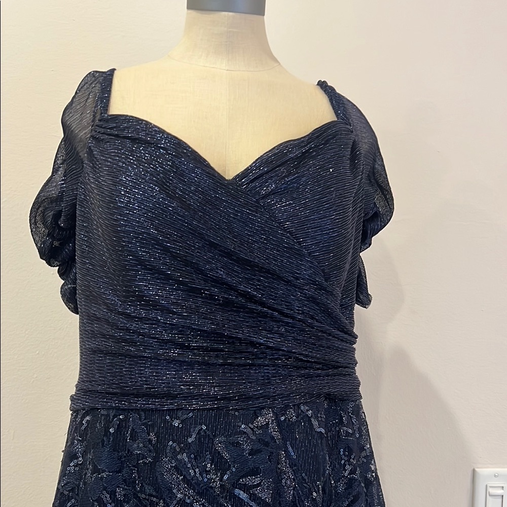Rene Ruiz Blue Ruched Wrap Gown